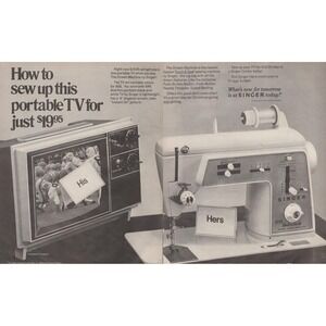 1969 Singer Mid Century Vintage Print Ad His and Her Promo Sewing Machine w/TV